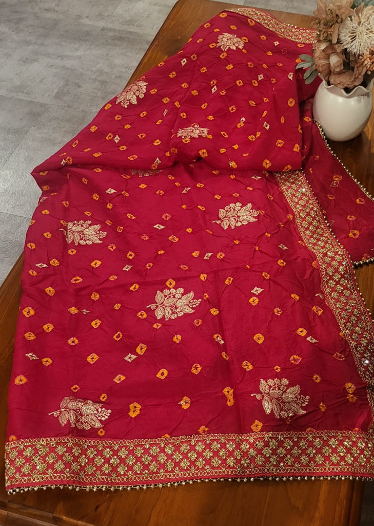 Pure Silk Red Bandhini Dupatta with Sequin work - DJM4