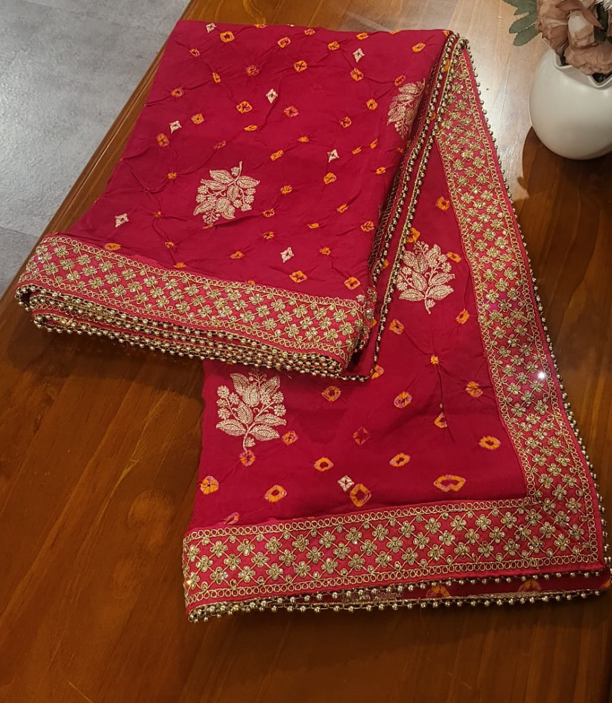 Pure Silk Red Bandhini Dupatta with Sequin work - DJM4
