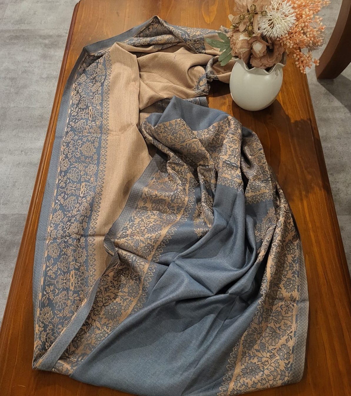 Pashmina Stole Grey & Brown Floral Patterns - SHDH17