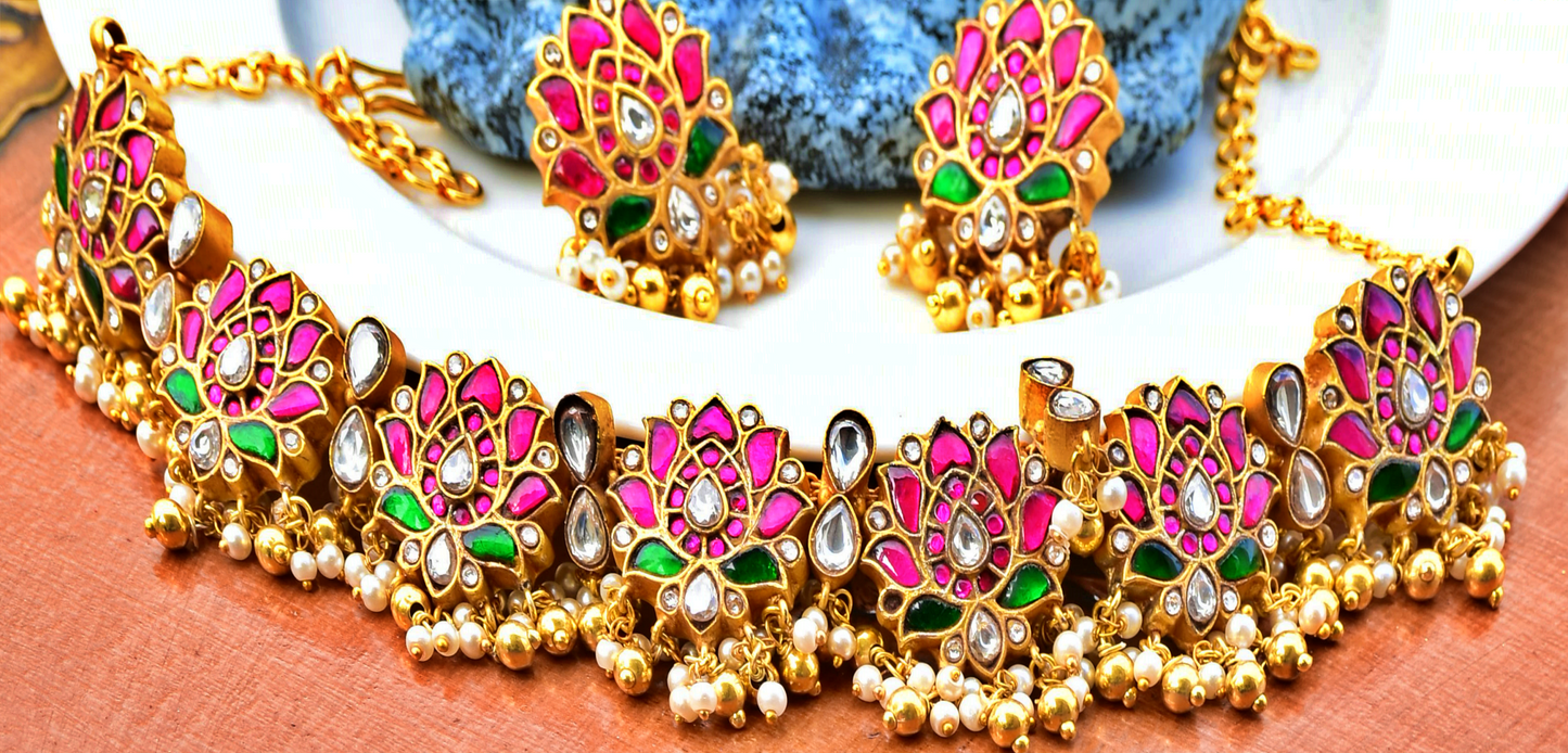 Pink Stone Necklace and Earring Set - j10