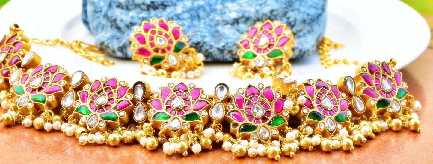 Pink Stone Necklace and Earring Set - j10