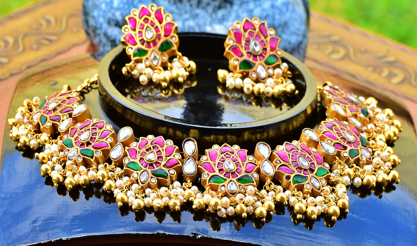 Pink Stone Necklace and Earring Set - j10