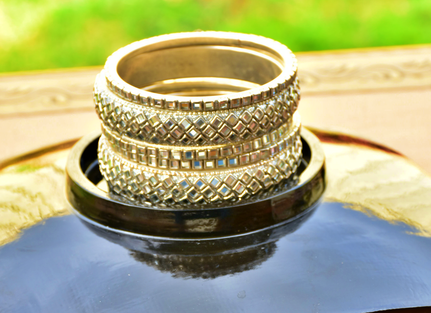 Silver Bangle Set with Stone and Mirror Work - J6