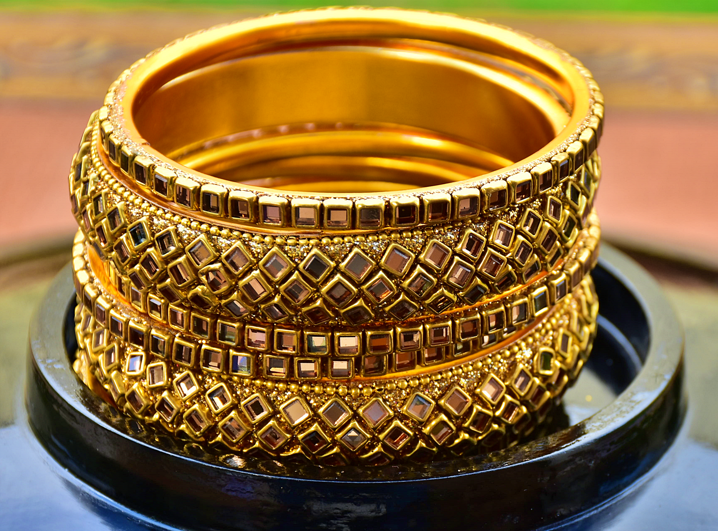 Gold Bangle Set with Mirror Work - J7