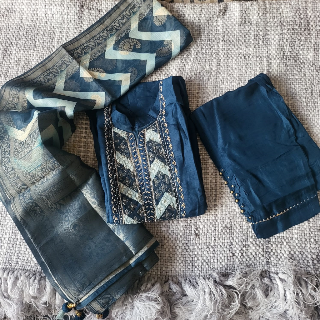 Blue Muslin Silk Salwar Set - CSD1