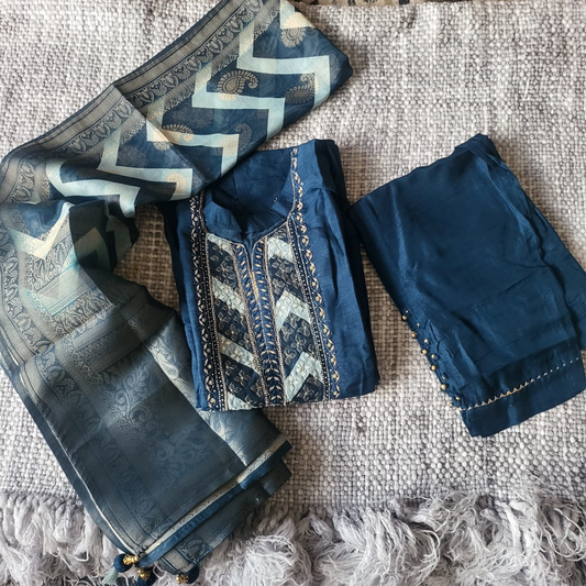 Blue Muslin Silk Salwar Set - CSD1