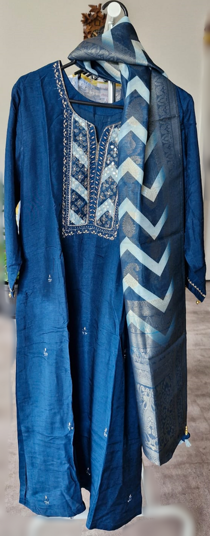 Blue Muslin Silk Salwar Set - CSD1