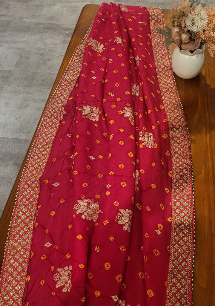 Pure Silk Red Bandhini Dupatta with  Sequin work - DJM4