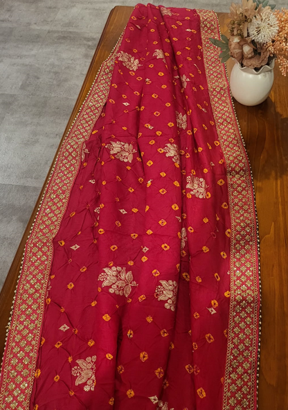 Pure Silk Red Bandhini Dupatta with  Sequin work - DJM4