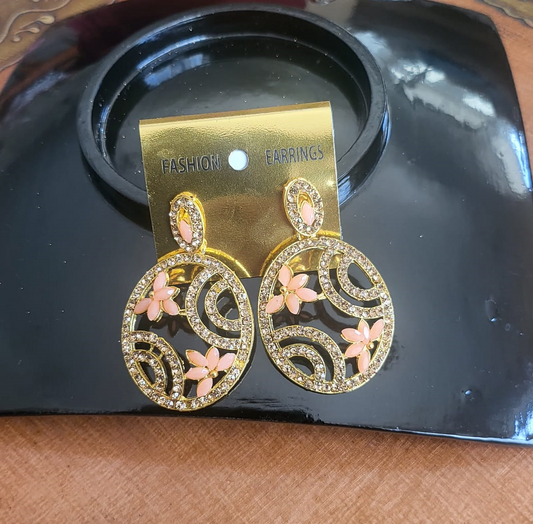 Statement Round Earring with Pink Flower -E16