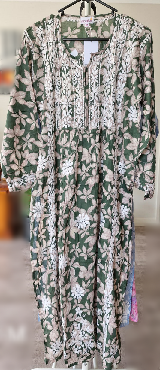 Green Mul Cotton Chikankari Kurti - KC4