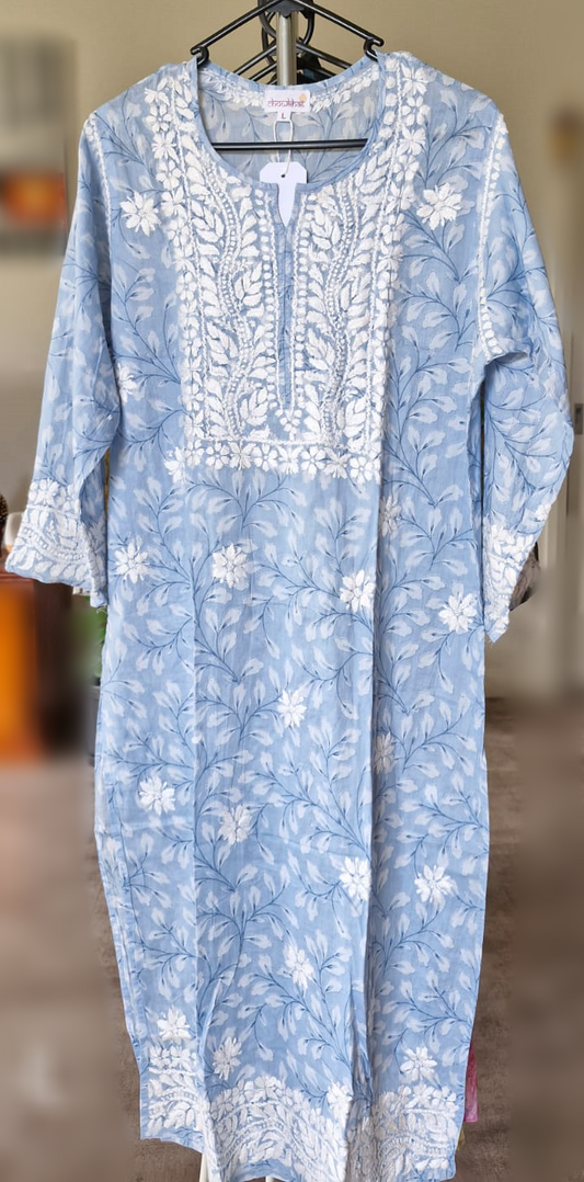 Light Blue Mul Cotton Chikankari Kurti - KC1