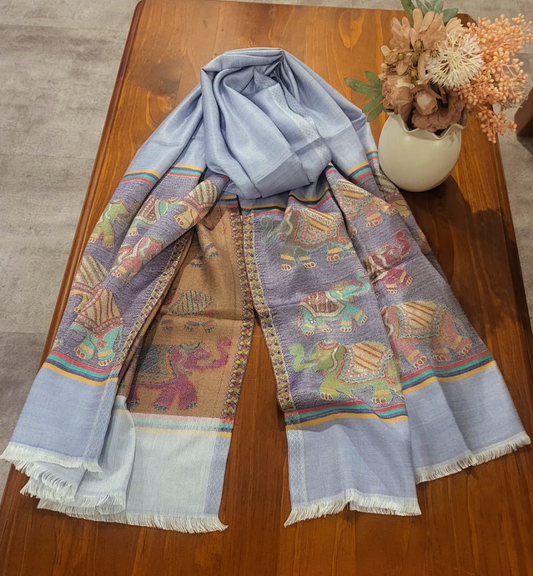 Pashmina Stole Light Blue with Elephant Pattern - SHDH11