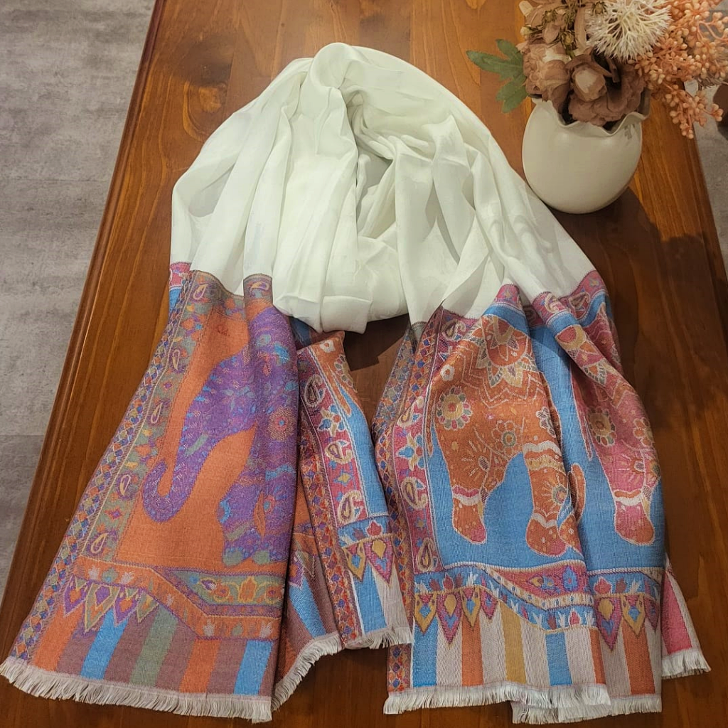 Pashmina Stole White with Elephant Pattern - SHDH12