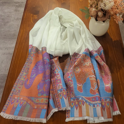 Pashmina Stole White with Elephant Pattern - SHDH12