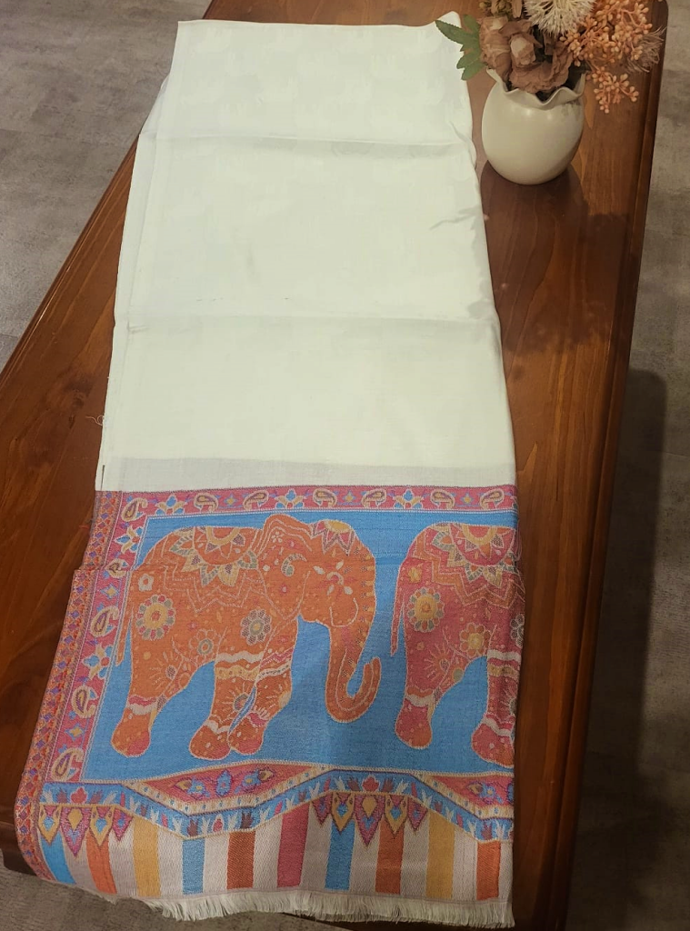 Pashmina Stole White with Elephant Pattern - SHDH12