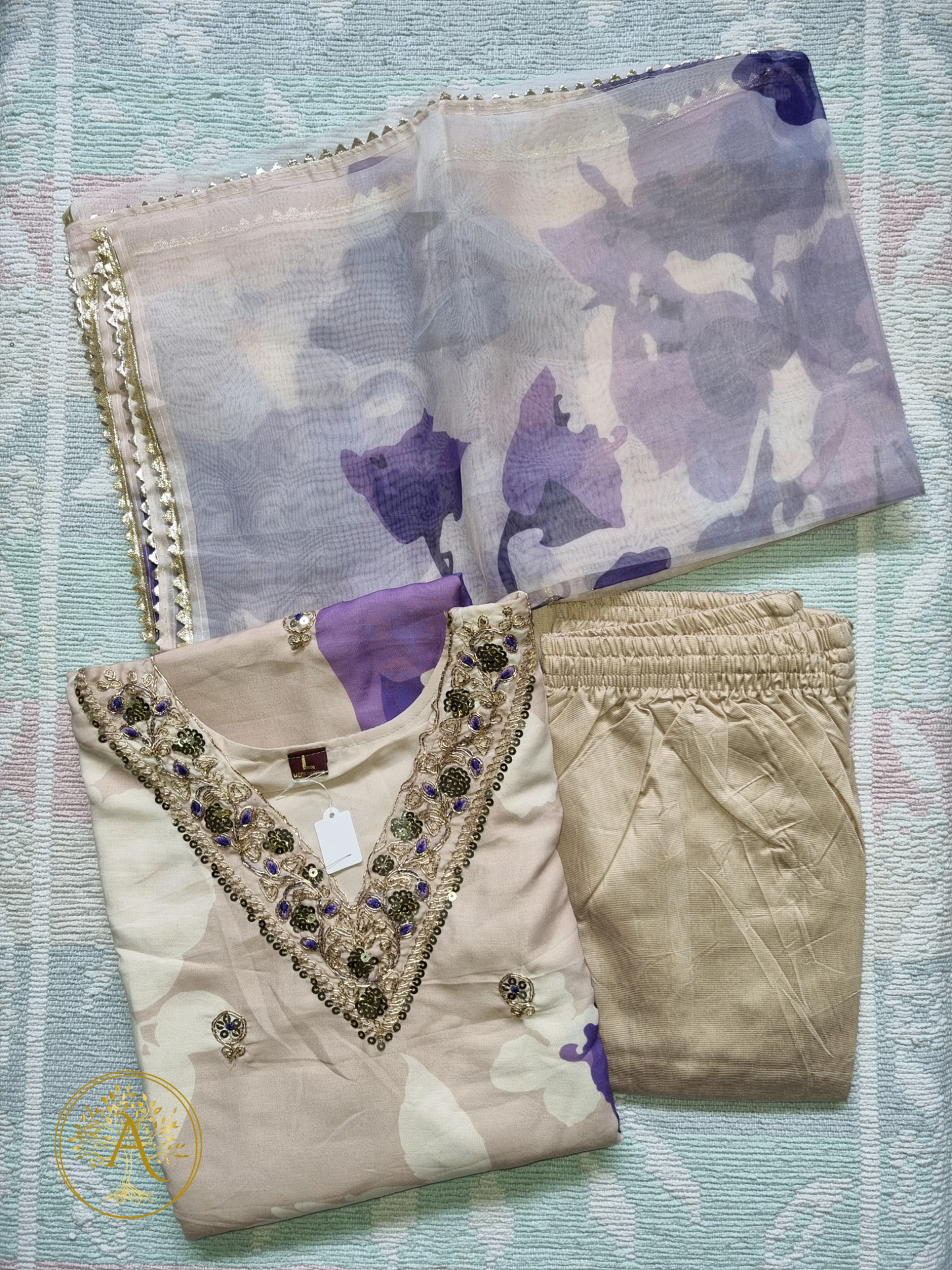 Cream and Purple 3pc Salwar Set - CARA2505