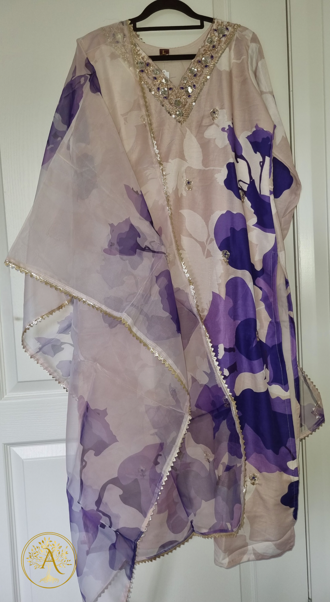 Cream and Purple 3pc Salwar Set - CARA2505