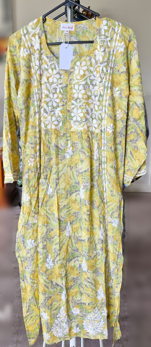 Yellow Mul Cotton Chikankari Kurti - KC3