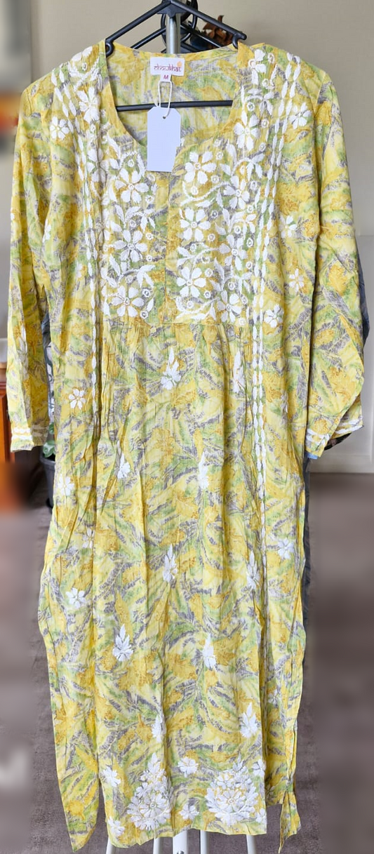 Yellow Mul Cotton Chikankari Kurti - KC3