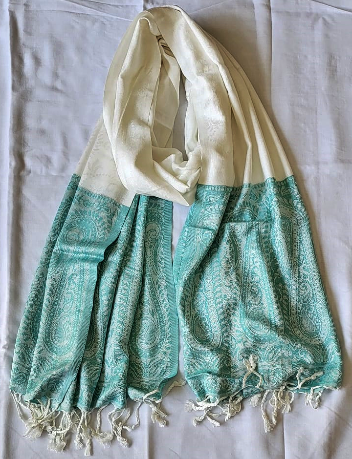 Semi Pashmina Stole White & Green - SHDH5