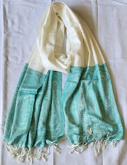 Semi Pashmina Stole White & Green - SHDH5