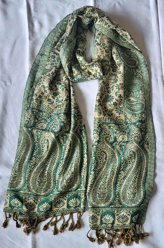 Semi Pashmina Stole Beige & Green - SHDH6