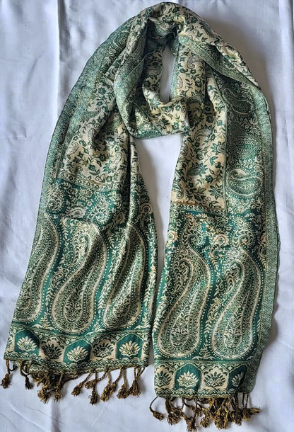Semi Pashmina Stole Beige & Green - SHDH6
