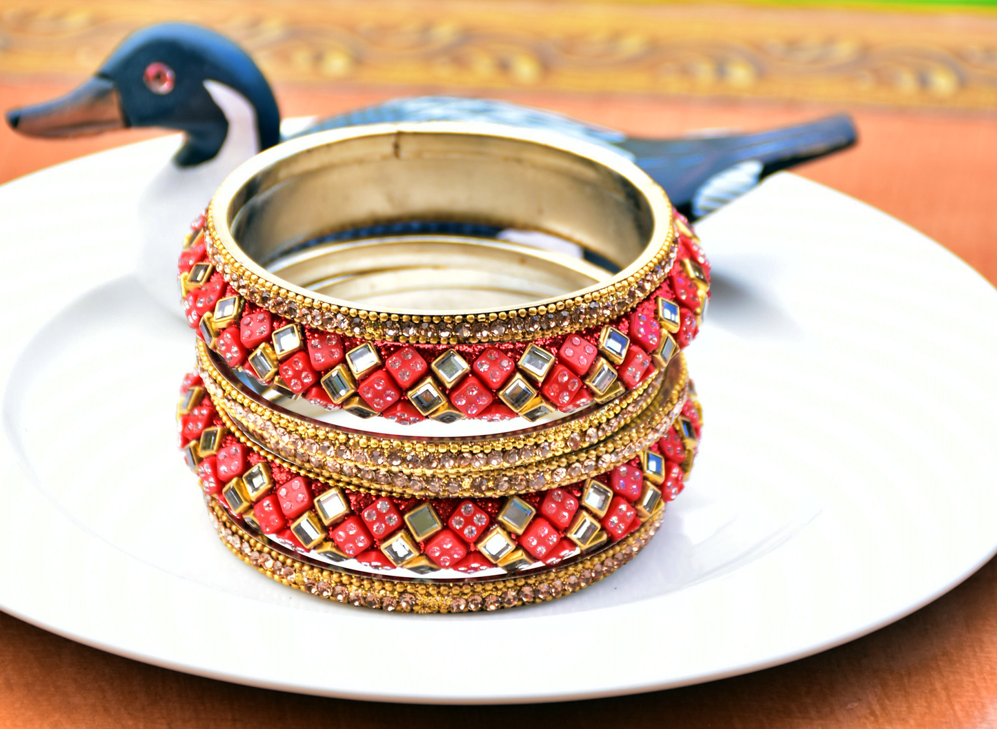 Red Pattern and Mirror Work Bangles - j4