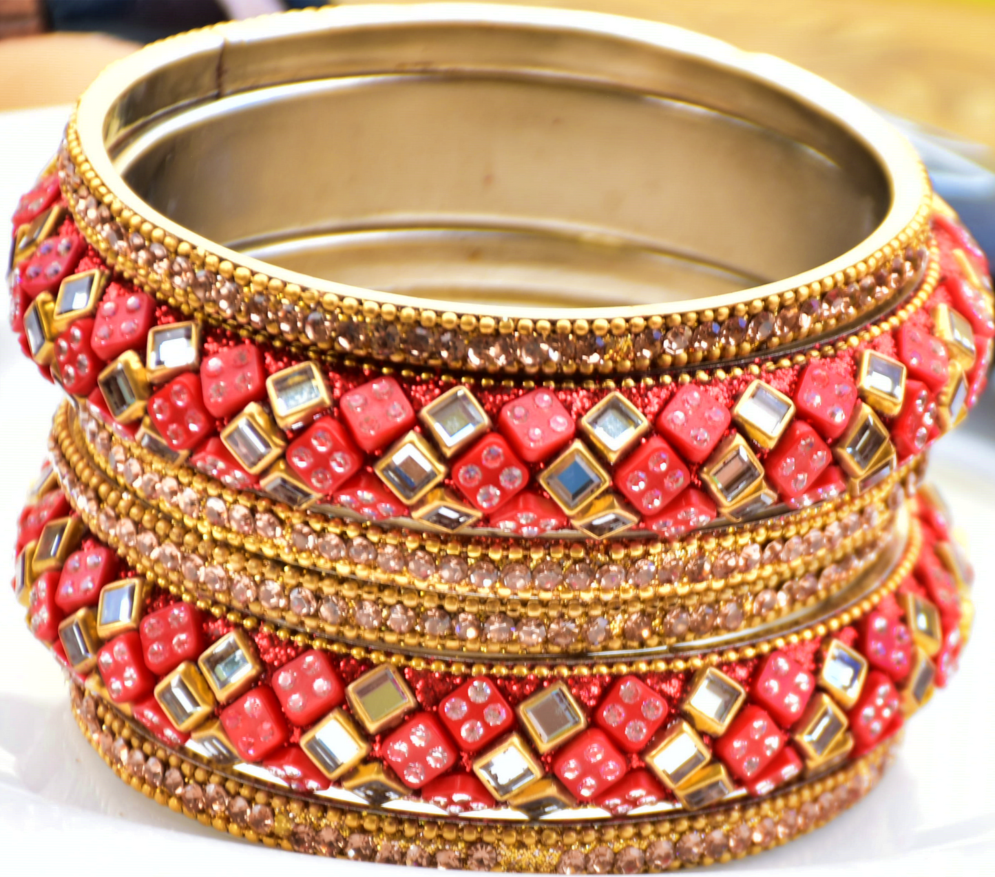 Red Pattern and Mirror Work Bangles - j4
