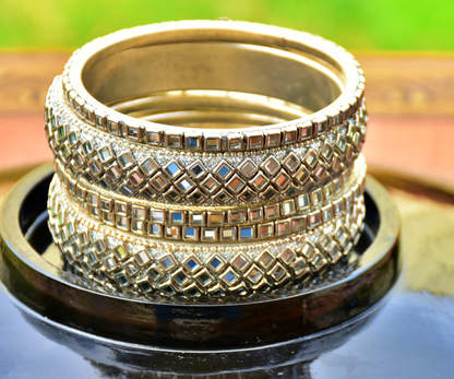 Silver Bangle Set with Stone and Mirror Work - J6