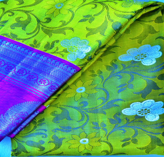 Korvai Kancheepuram Pure Silk Saree with Silver Zari Borders - ST3