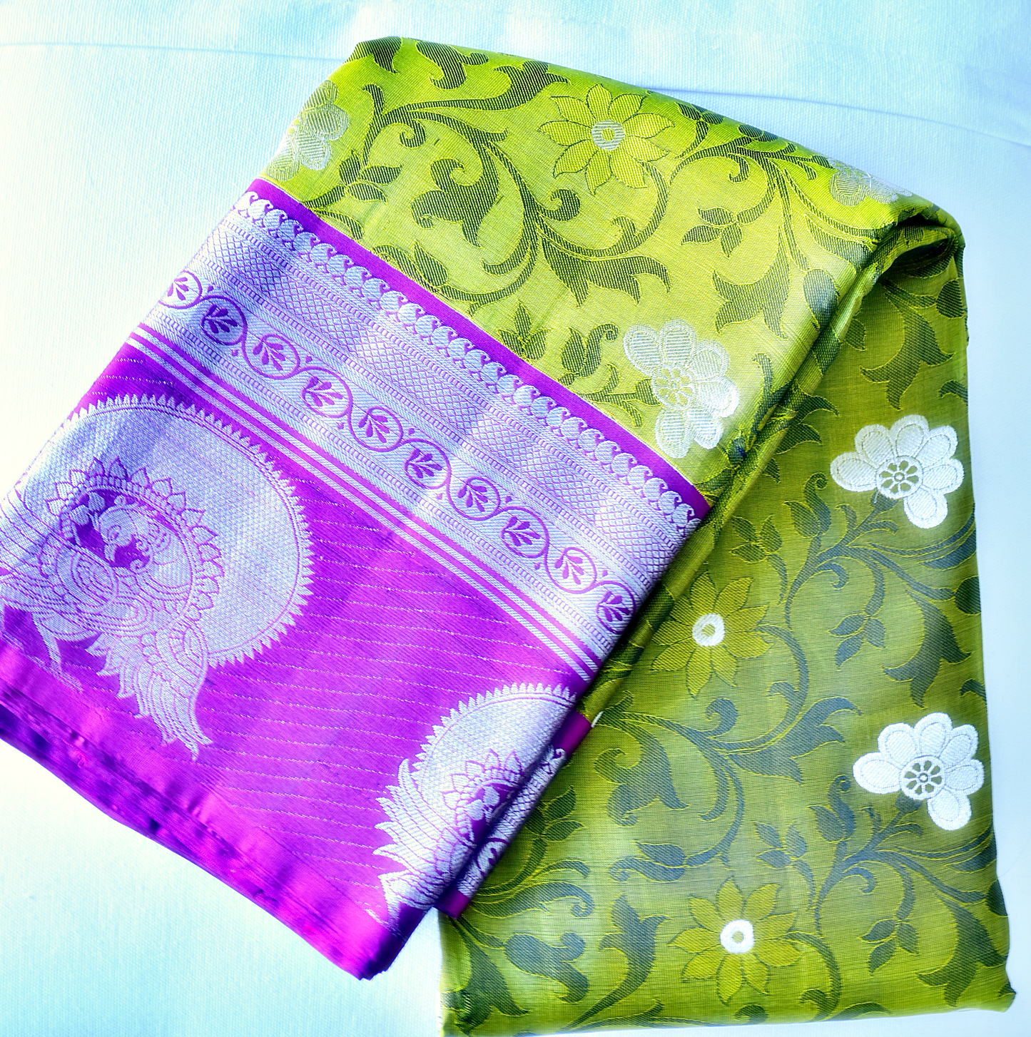 Korvai Kancheepuram Pure Silk Saree with Silver Zari Borders - ST3