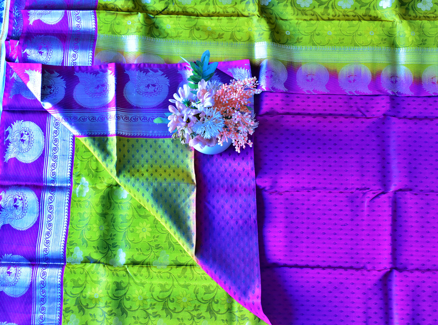 Korvai Kancheepuram Pure Silk Saree with Silver Zari Borders - ST3